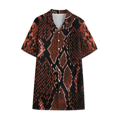 Brick Red Python Snakeskin Print Cotton Hawaiian Shirt