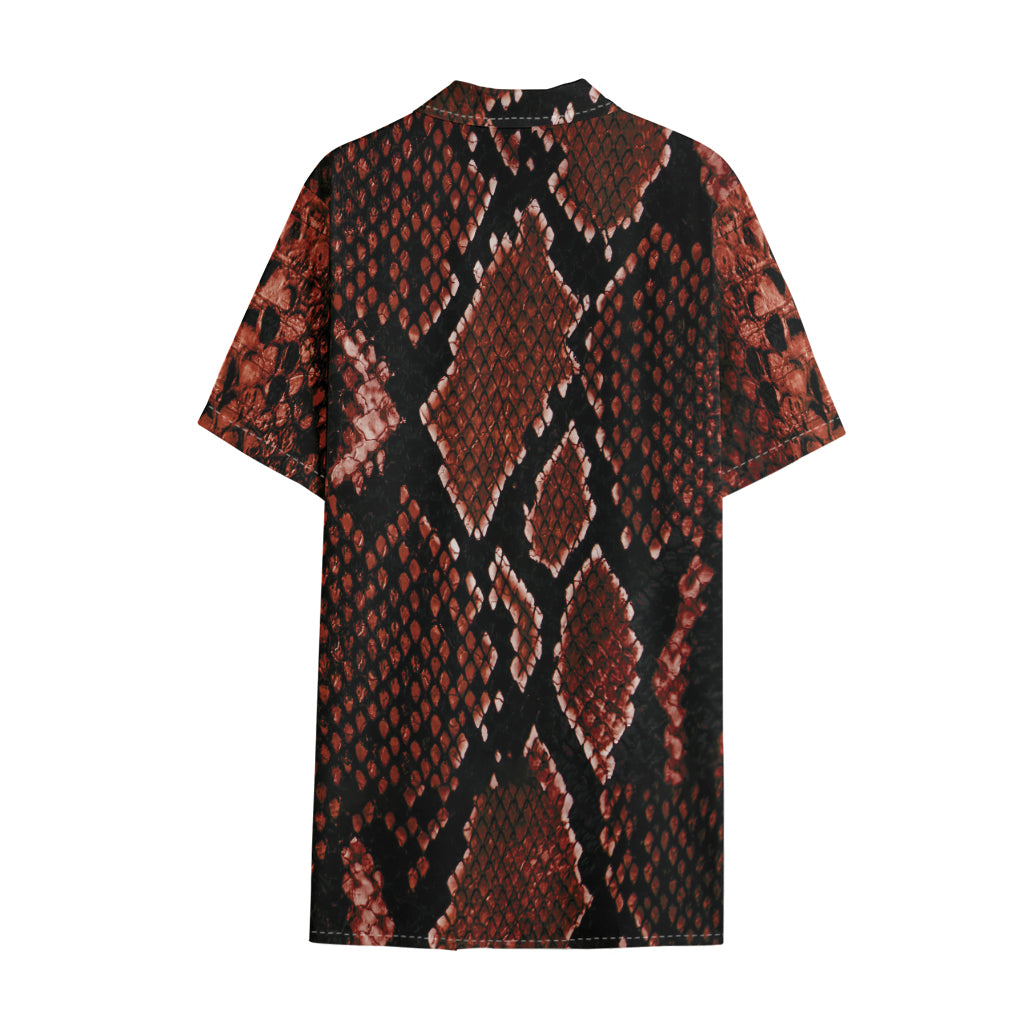 Brick Red Python Snakeskin Print Cotton Hawaiian Shirt