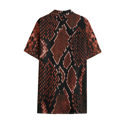Brick Red Python Snakeskin Print Cotton Hawaiian Shirt