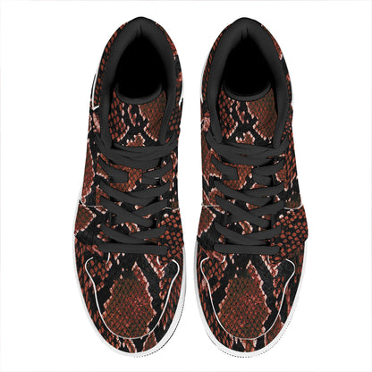 Brick Red Python Snakeskin Print High Top Leather Sneakers