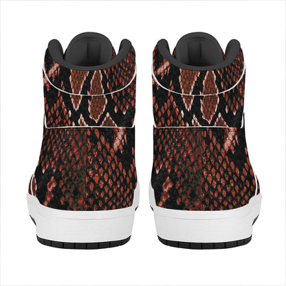 Brick Red Python Snakeskin Print High Top Leather Sneakers