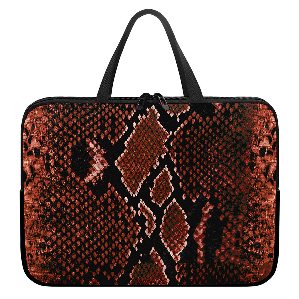 Brick Red Python Snakeskin Print Laptop Sleeve With Handle