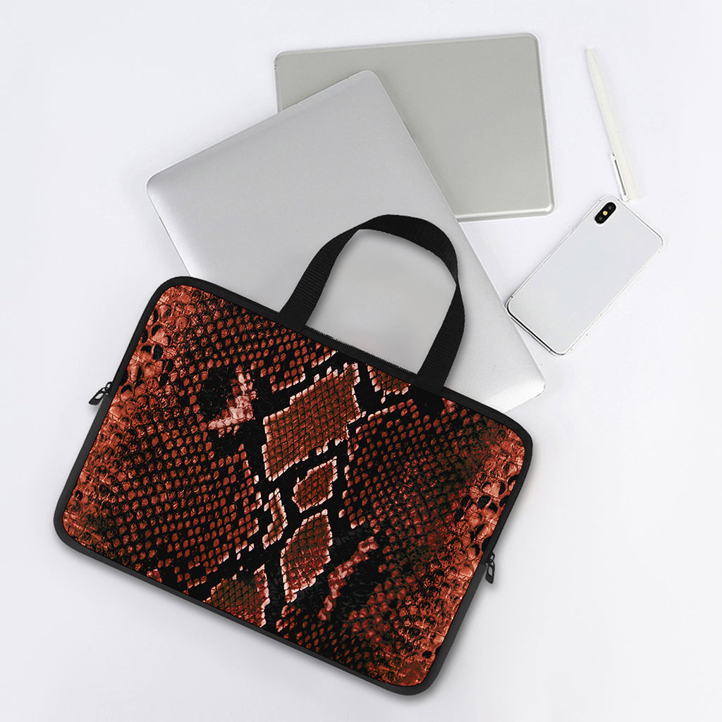 Brick Red Python Snakeskin Print Laptop Sleeve With Handle
