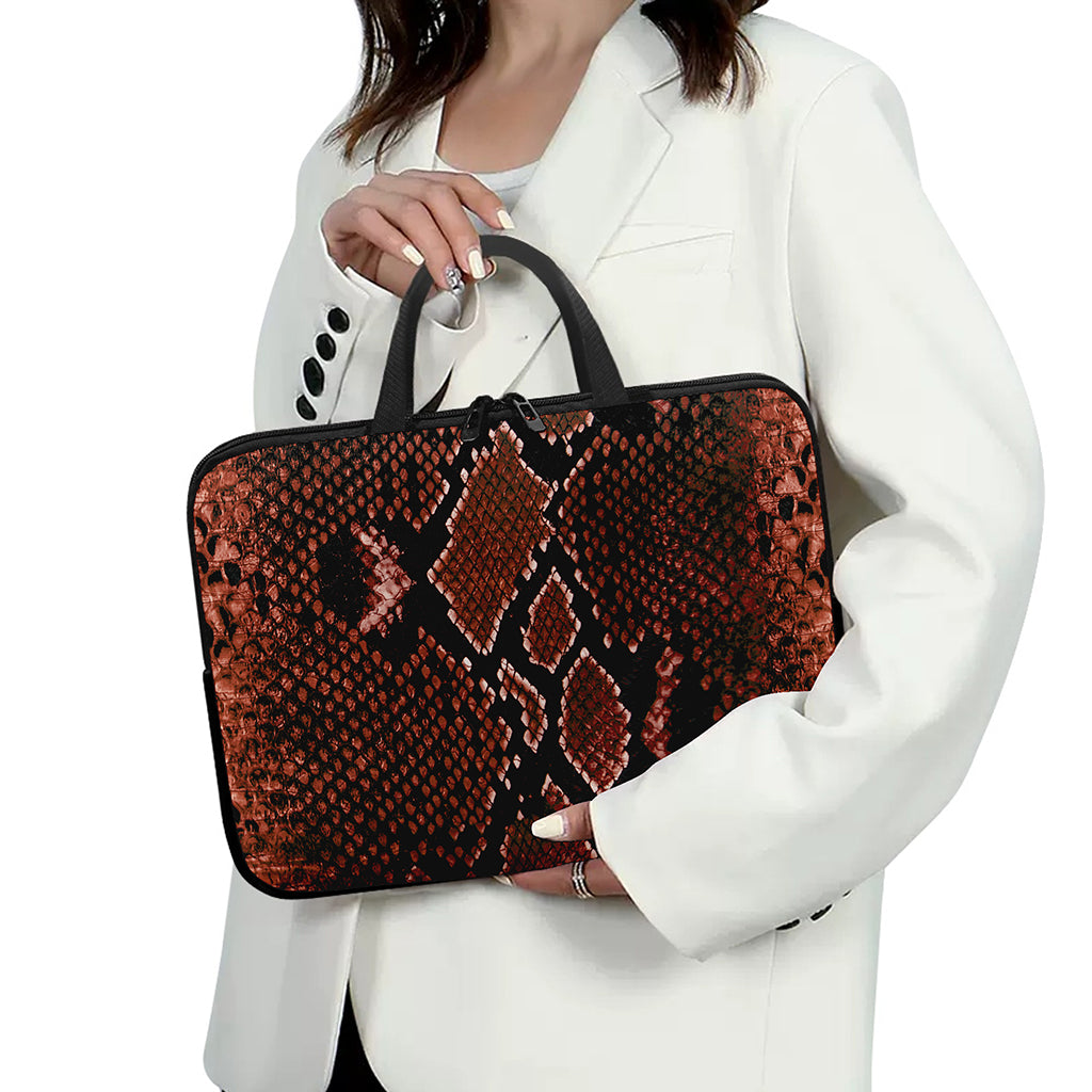 Brick Red Python Snakeskin Print Laptop Sleeve With Handle