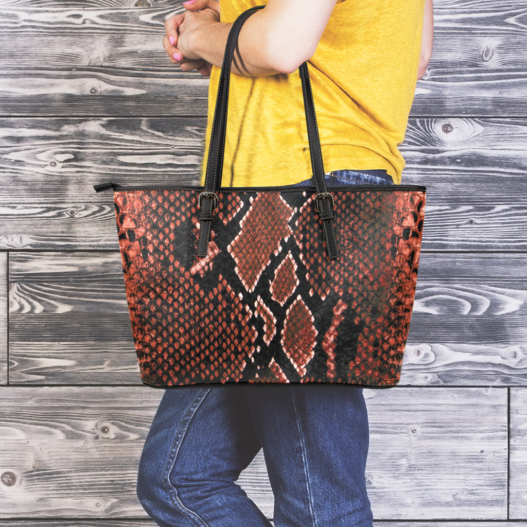 Brick Red Python Snakeskin Print Leather Tote Bag