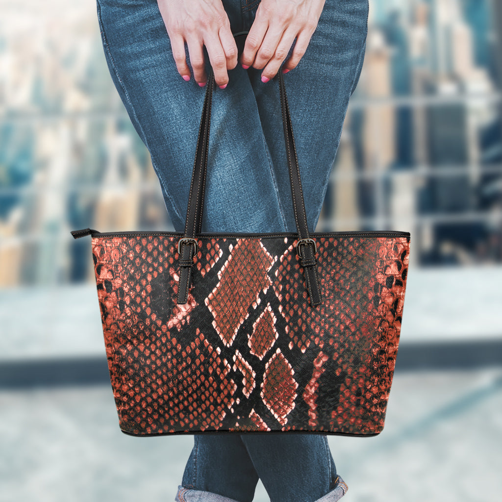 Brick Red Python Snakeskin Print Leather Tote Bag