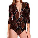 Brick Red Python Snakeskin Print Long Sleeve Swimsuit