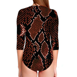Brick Red Python Snakeskin Print Long Sleeve Swimsuit