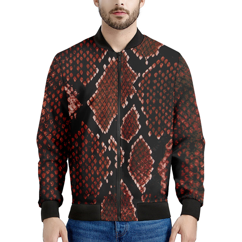 Brick Red Python Snakeskin Print Men's Bomber Jacket