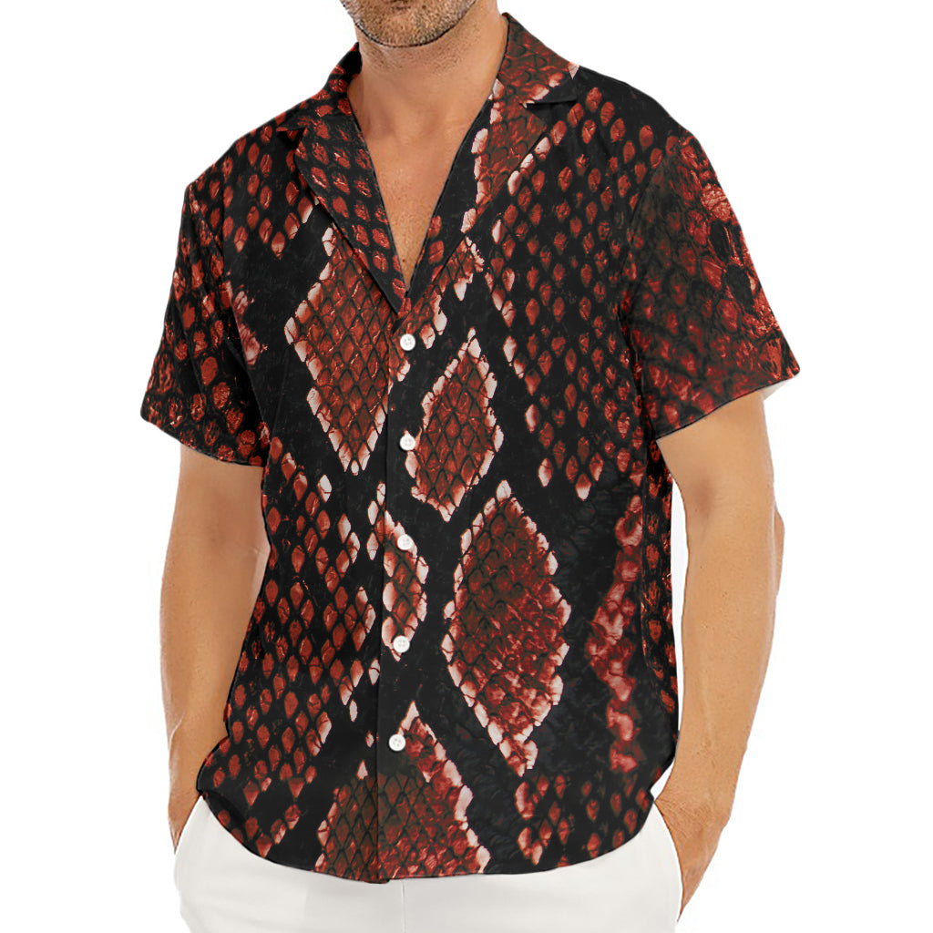 Brick Red Python Snakeskin Print Men's Deep V-Neck Shirt