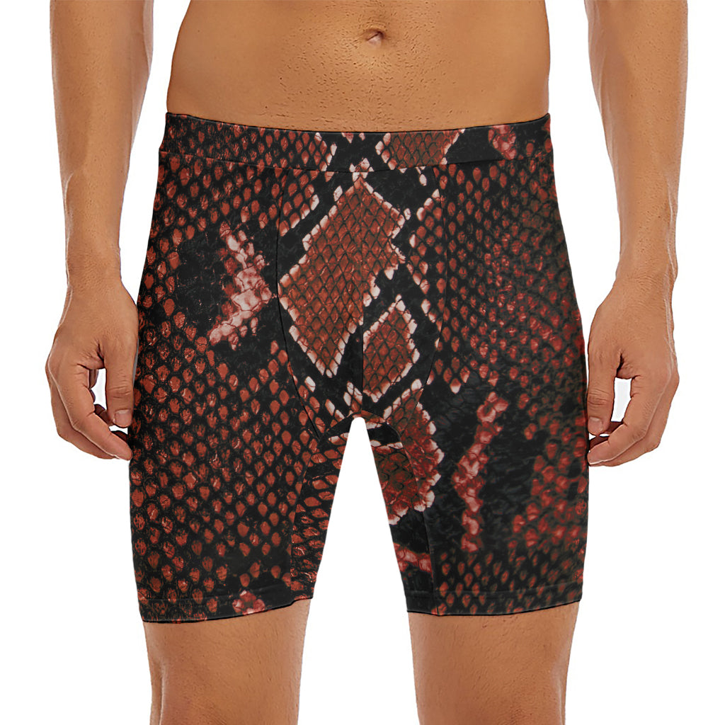 Brick Red Python Snakeskin Print Men's Long Boxer Briefs