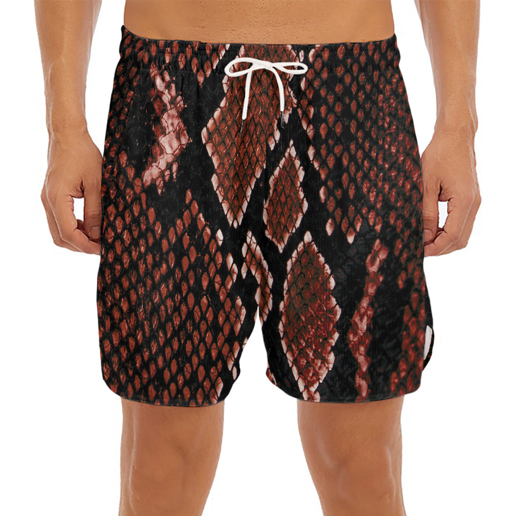 Brick Red Python Snakeskin Print Men's Split Running Shorts