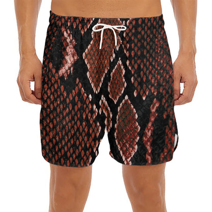 Brick Red Python Snakeskin Print Men's Split Running Shorts