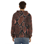 Brick Red Python Snakeskin Print Men's Velvet Pullover Hoodie