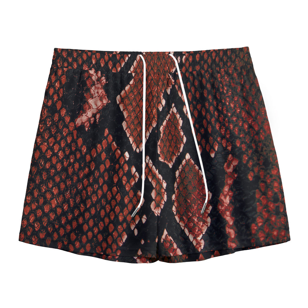 Brick Red Python Snakeskin Print Mesh Shorts