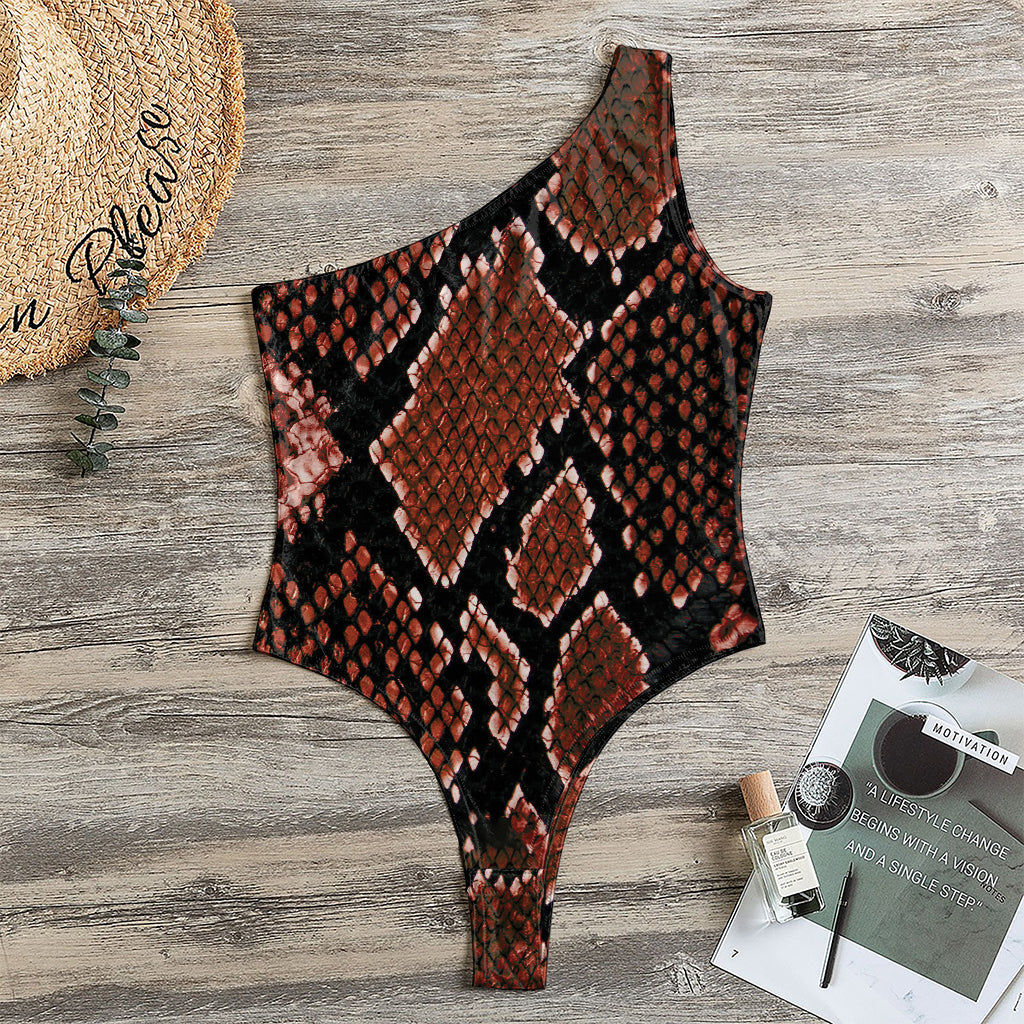 Brick Red Python Snakeskin Print One Shoulder Bodysuit