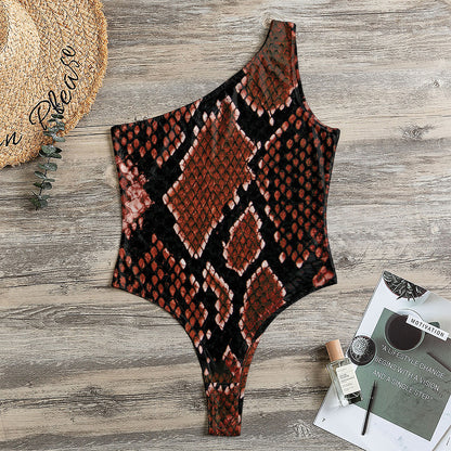 Brick Red Python Snakeskin Print One Shoulder Bodysuit