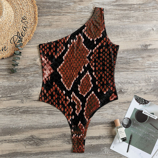 Brick Red Python Snakeskin Print One Shoulder Bodysuit