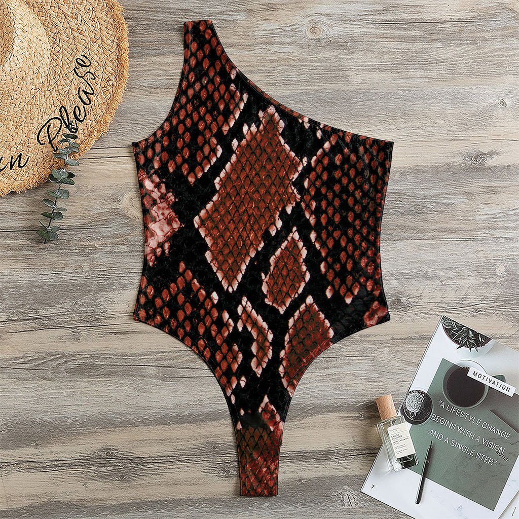 Brick Red Python Snakeskin Print One Shoulder Bodysuit