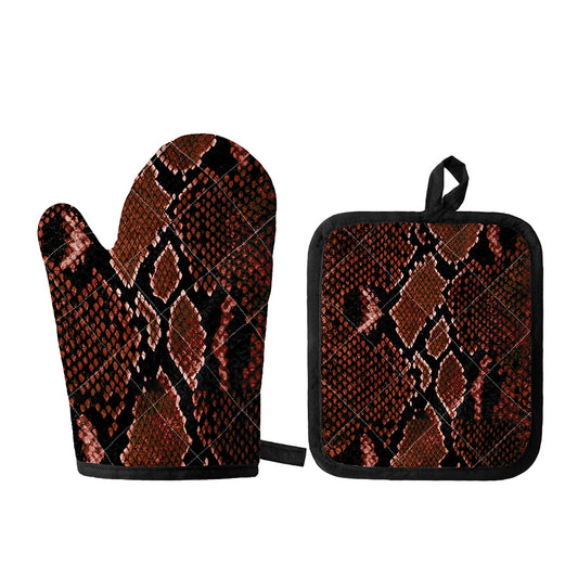 Brick Red Python Snakeskin Print Oven Mitt And Pot Holder Set