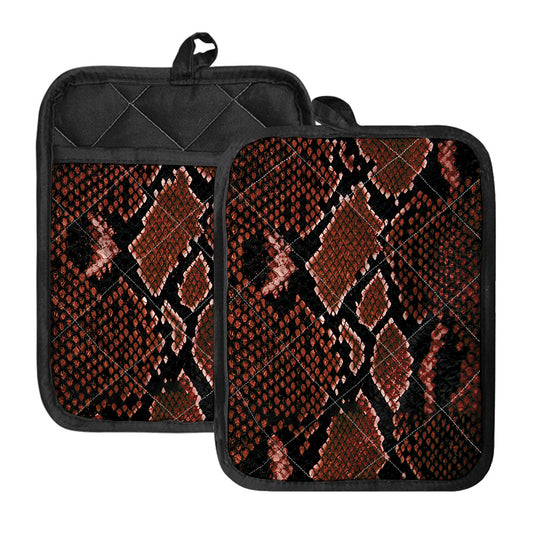 Brick Red Python Snakeskin Print Pot Holders With Pocket