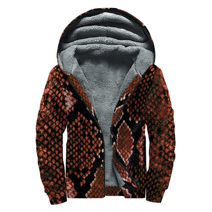 Brick Red Python Snakeskin Print Sherpa Lined Zip Up Hoodie