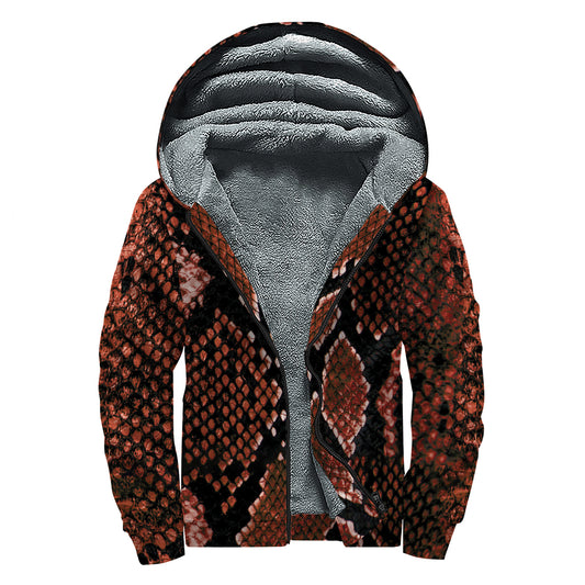 Brick Red Python Snakeskin Print Sherpa Lined Zip Up Hoodie