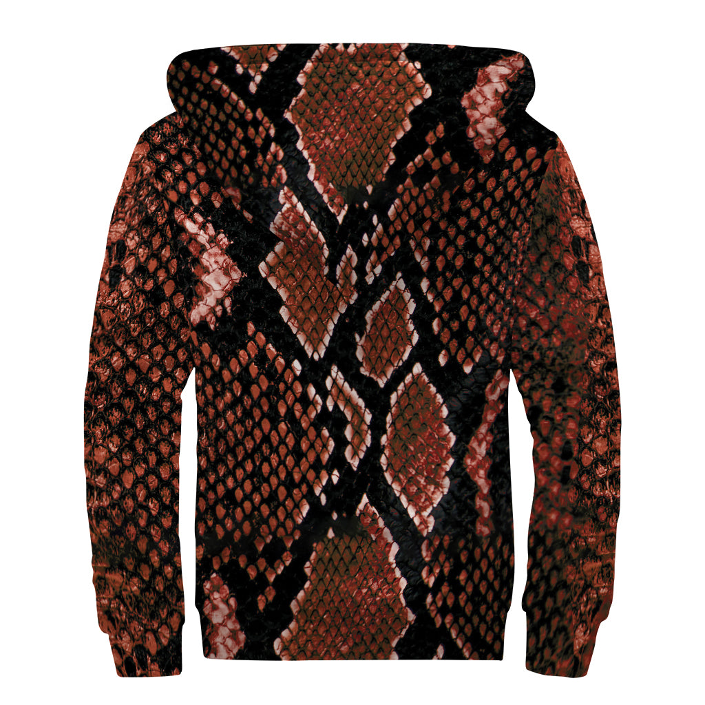 Brick Red Python Snakeskin Print Sherpa Lined Zip Up Hoodie