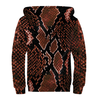 Brick Red Python Snakeskin Print Sherpa Lined Zip Up Hoodie