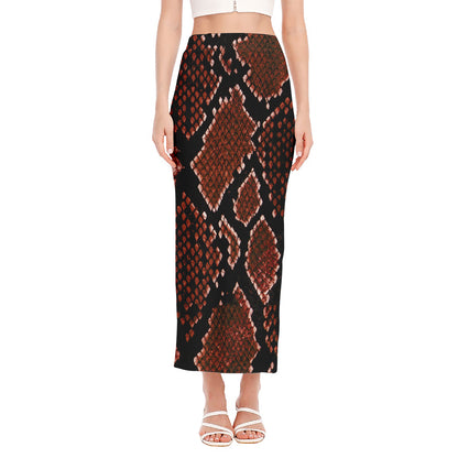 Brick Red Python Snakeskin Print Side Slit Maxi Skirt