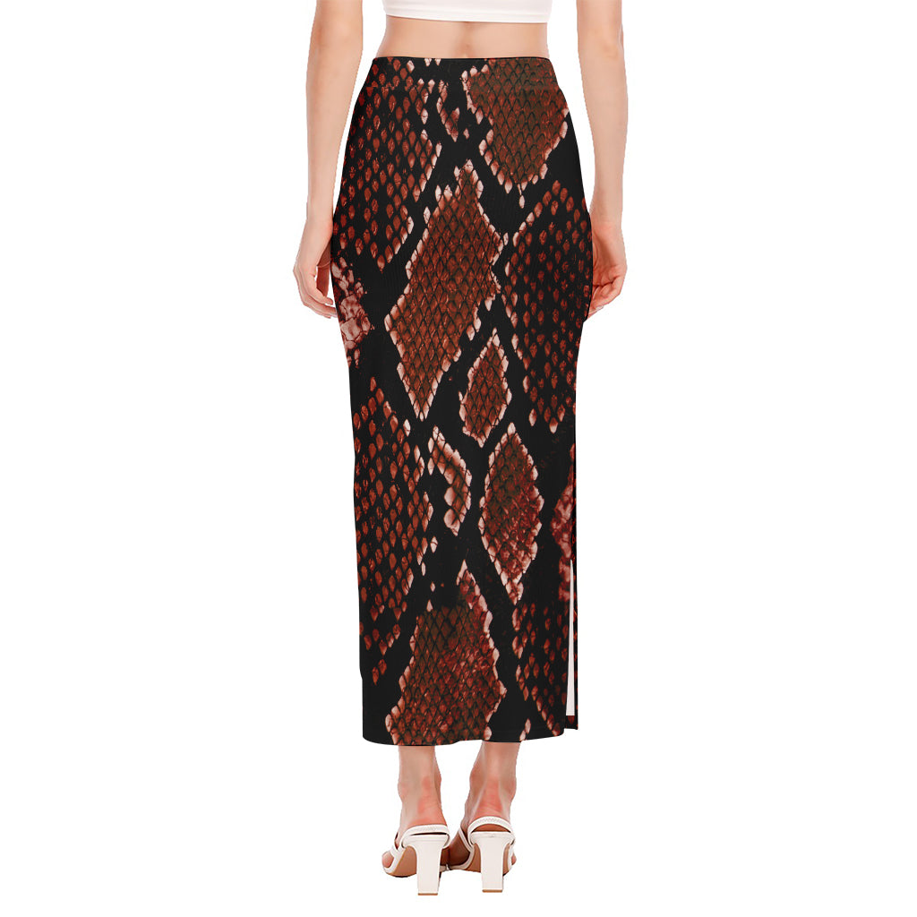 Brick Red Python Snakeskin Print Side Slit Maxi Skirt