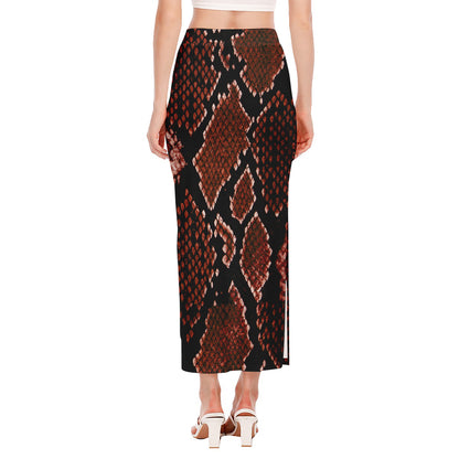 Brick Red Python Snakeskin Print Side Slit Maxi Skirt