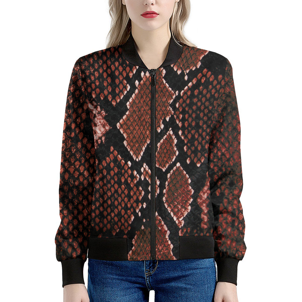 Brick Red Python Snakeskin Print Women's Bomber Jacket