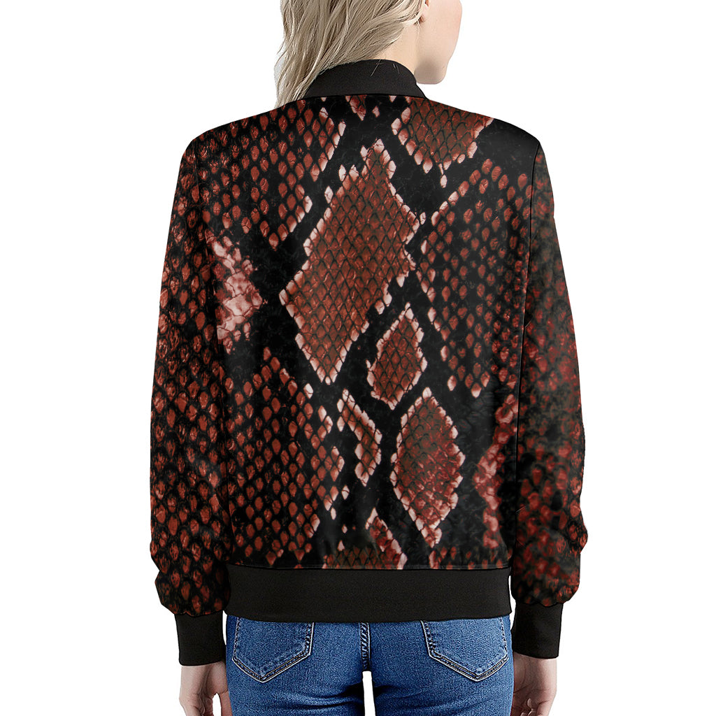 Brick Red Python Snakeskin Print Women's Bomber Jacket