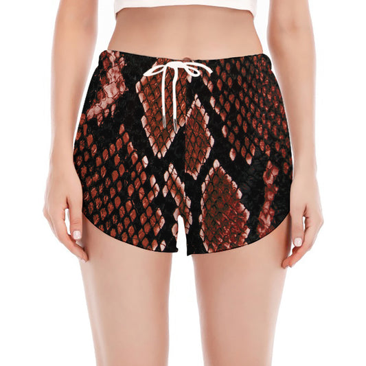 Brick Red Python Snakeskin Print Women's Split Running Shorts