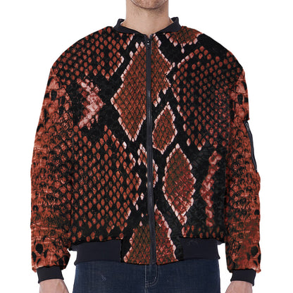 Brick Red Python Snakeskin Print Zip Sleeve Bomber Jacket