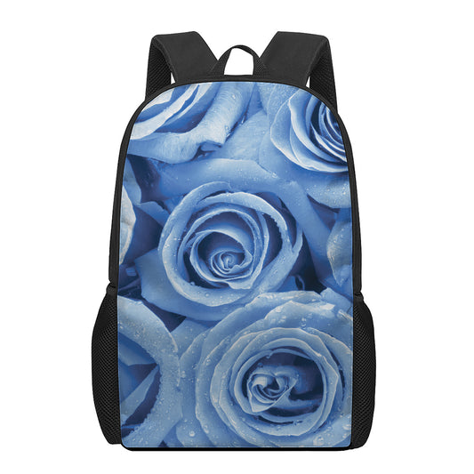 Bright Blue Rose Print 17 Inch Backpack