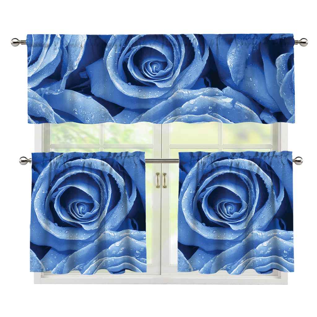 Bright Blue Rose Print 3 Piece Kitchen Curtains