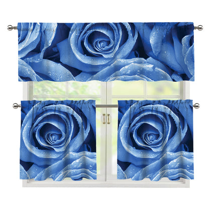 Bright Blue Rose Print 3 Piece Kitchen Curtains