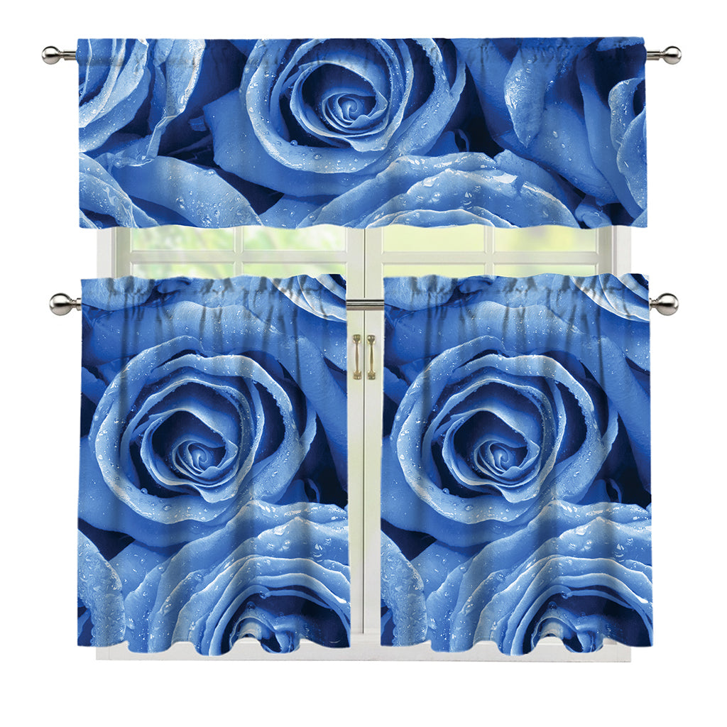 Bright Blue Rose Print 3 Piece Kitchen Curtains