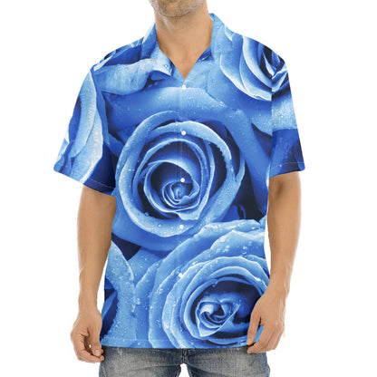 Bright Blue Rose Print Aloha Shirt