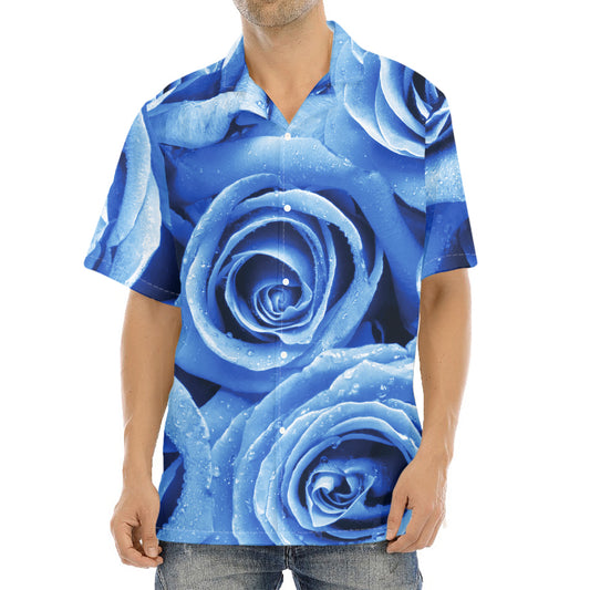 Bright Blue Rose Print Aloha Shirt