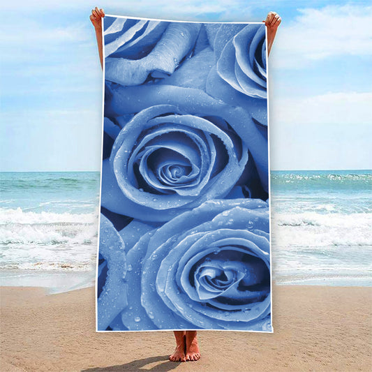 Bright Blue Rose Print Beach Towel