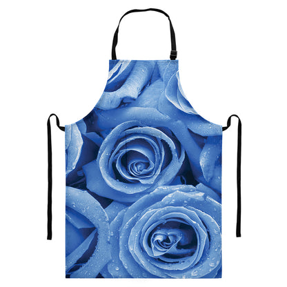 Bright Blue Rose Print Bib Apron With Pocket