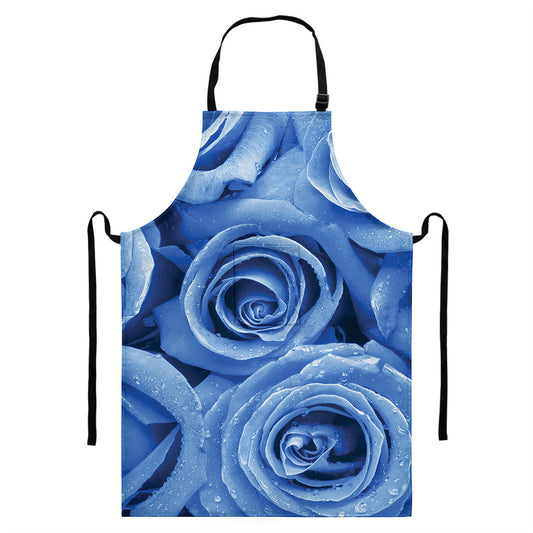 Bright Blue Rose Print Bib Apron With Pocket