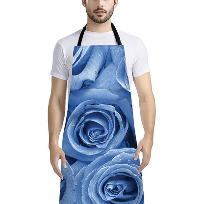 Bright Blue Rose Print Bib Apron With Pocket