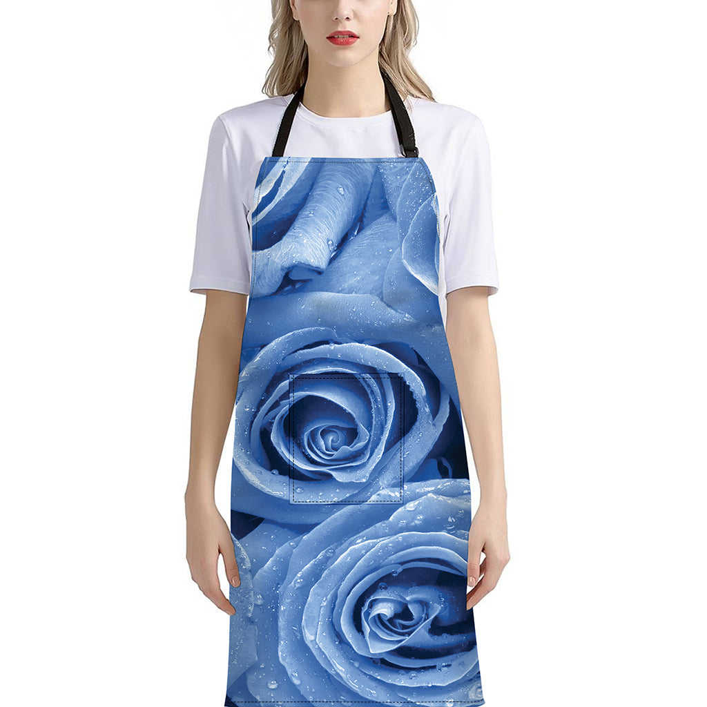 Bright Blue Rose Print Bib Apron With Pocket