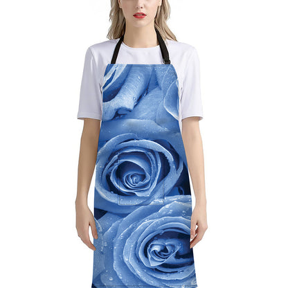 Bright Blue Rose Print Bib Apron With Pocket