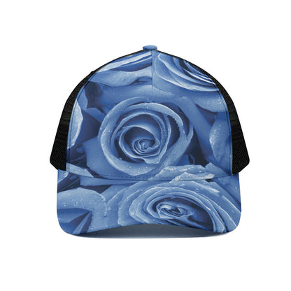 Bright Blue Rose Print Black Mesh Trucker Cap
