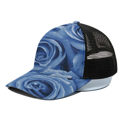 Bright Blue Rose Print Black Mesh Trucker Cap